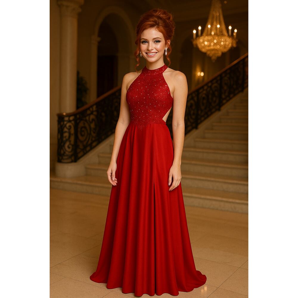 Betsy & Adam Red Rhinestone Halter Evening Gown Formal Dress - Size 4